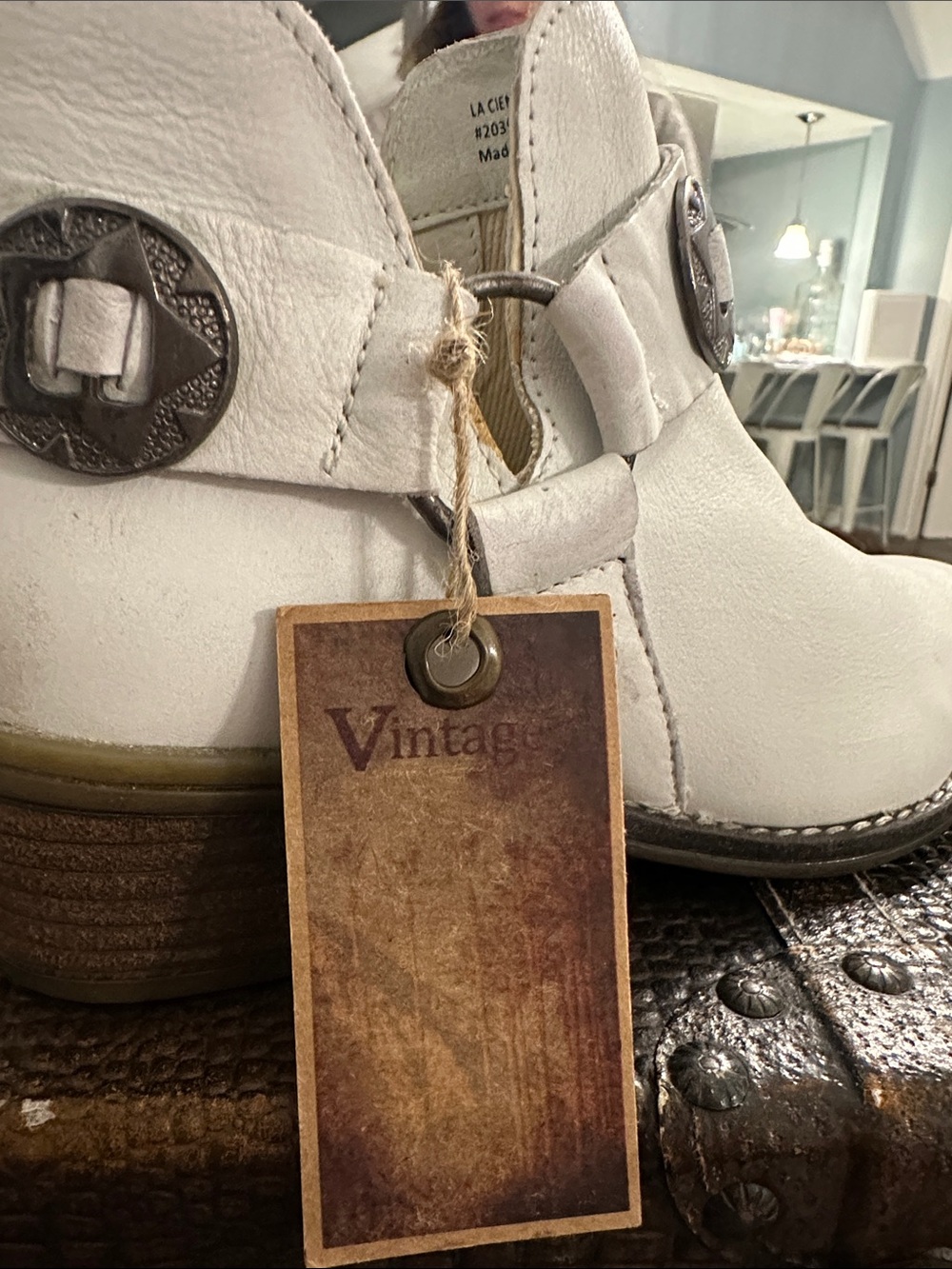 White Leather Ankle Boots with Decorative Metal Buckles Vintage7